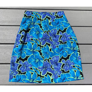Vintage Floral Skirt Black w/Blue Purple Green Knee Length Sz 8 Light Flowy